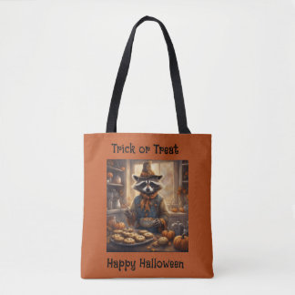 Bolso De Tela Espantapájaros Mapache cocinando cena de Halloween