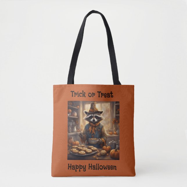 Bolso De Tela Espantapájaros Mapache cocinando cena de Halloween (Anverso)