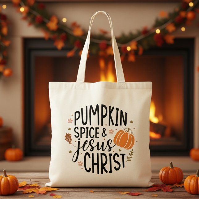 Bolso De Tela Especie de calabaza y Jesucristo (Pumpkin Spice and Jesus Christ Christian themed Autumn Inspired  Tote Bag )