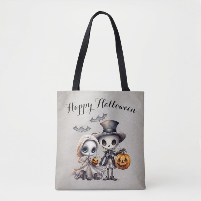Bolso De Tela Espectacular muñeca fantasma y esqueleto Halloween (Anverso)