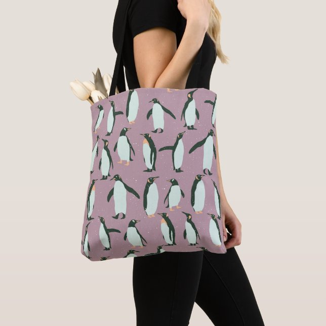 Bolso De Tela Espinoso patrón de pingüinos en violeta (Detalle)