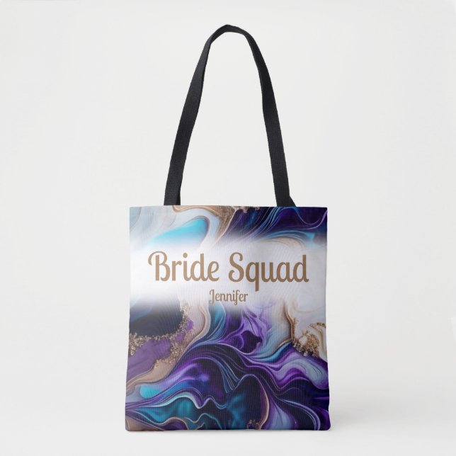 Bolso De Tela Esposa Squad de Boda de Morado y Dorado (Anverso)