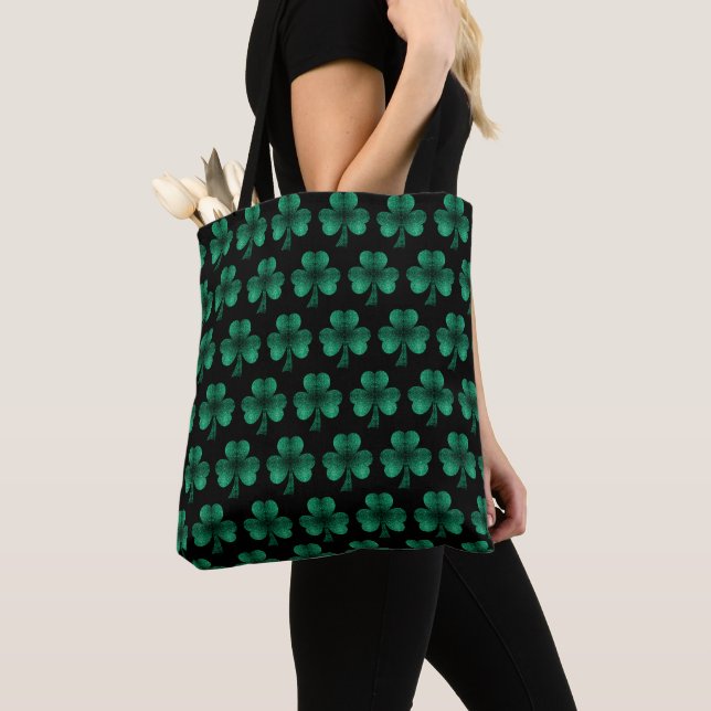 Bolso De Tela Espuma verde esmeralda Patrón de Shamrock negro (Detalle)