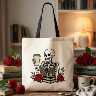Bolso De Tela Esqueleto Floral Rojo Amante de Libros Divertido