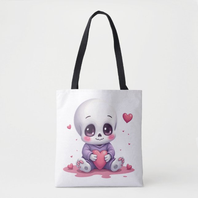 Bolso De Tela Esqueleto Kawaii Sosteniendo Corazón (Anverso)