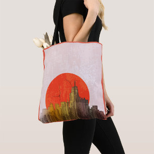 Bolso De Tela Esquina urbana con paisaje de sol rojo