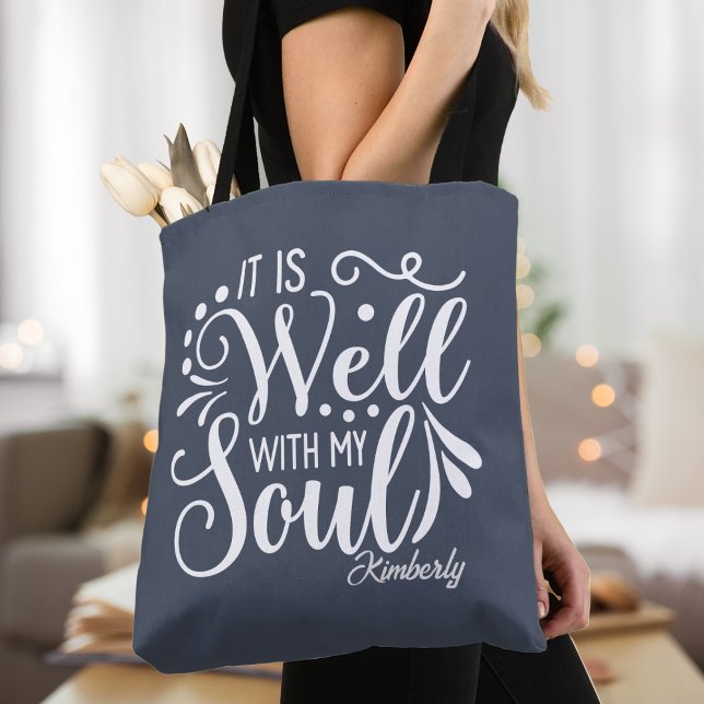 Bolso De Tela Está Bien Con Mi Personalizado Inspirador Del Alma (It Is Well With My Soul Custom Christian Tote Bag - Personalize with your name or custom text)