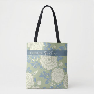Bolso De Tela Estampado de bloque floral azul verde con raya azu