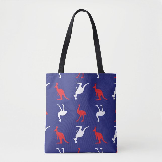Bolso De Tela Estampado de canguro y emú en azul (Anverso)