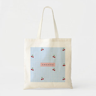 Bolso De Tela Estampado de Cereza a Cuadros Azul Retro Personali