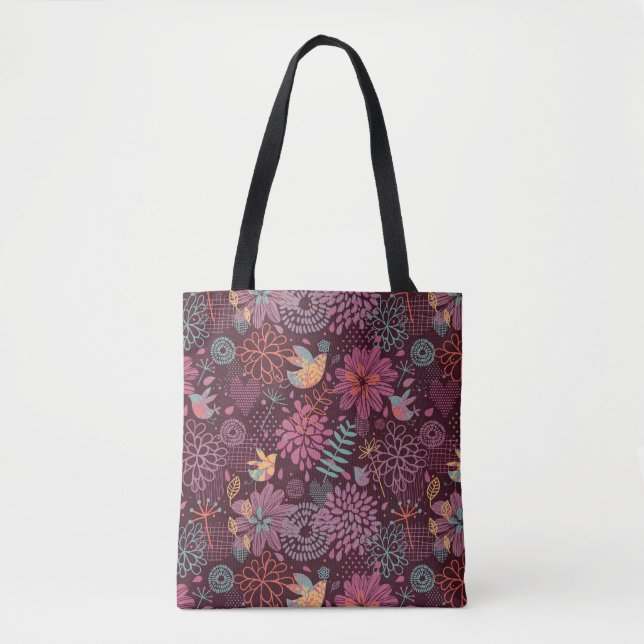 Bolso De Tela Estampado de flores abstracto con los pájaros (Anverso)
