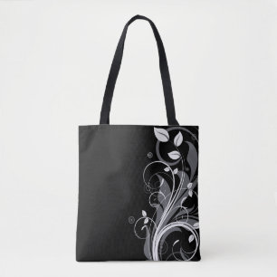 Bolso De Tela Estampado de flores gris en negro