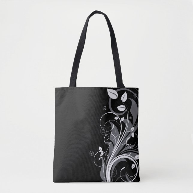 Bolso De Tela Estampado de flores gris en negro (Anverso)
