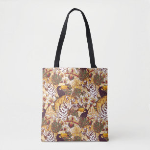 Bolso De Tela Estampado de flores tropical con el tigre