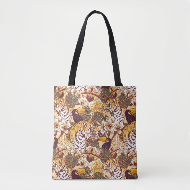 Bolso De Tela Estampado de flores tropical con el tigre (Anverso)