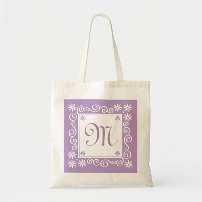 Bolso De Tela Estampado de flores violeta con monograma (Frente)
