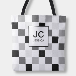 Bolso De Tela Estampado de Monograma Cuadrado Negro Gris Moderno