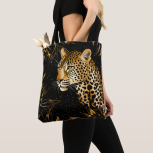 Bolso De Tela Estampado Leopardo Guepardo Negro Dorado Hojas de