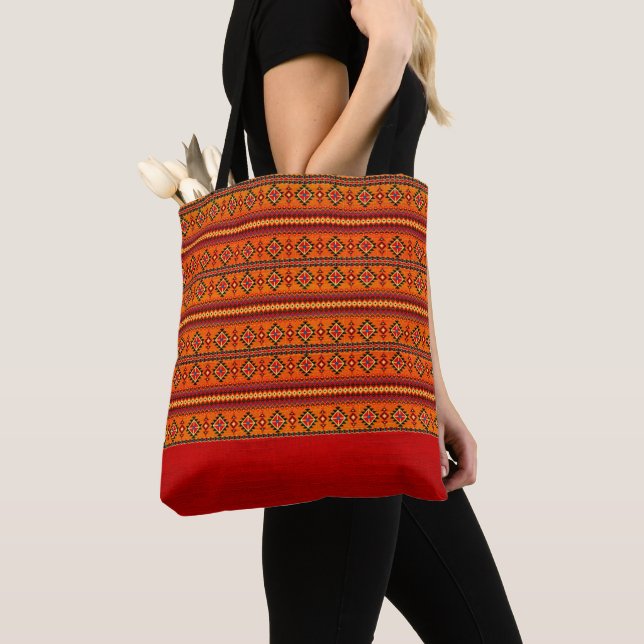 Bolso De Tela Estampado Tribal Naranja Azteca de Moda (Detalle)