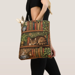 Bolso De Tela Estante de libros antiguos con gato y café