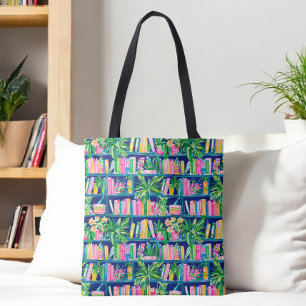 Bolso De Tela =Estante de libros Navy Preppy / Libros y plantas