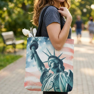 Bolso De Tela Estatua de la Libertad con acuarela y bandera amer