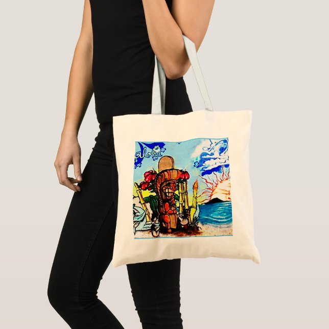 Bolso De Tela Estatua de Tiki con Menehune e Hibiscus (Anverso (producto))