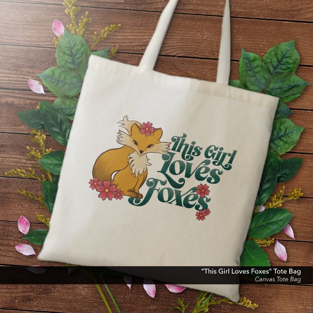 Bolso De Tela Este Chica ama a los zorros ("This Girl Loves Foxes" -  Canvas Tote Bag with Cute Fox and Flowers Artwork.)