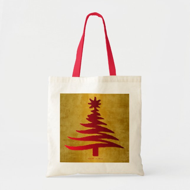 Bolso De Tela Esténcil rojo de árbol de Navidad en oro (Frente)