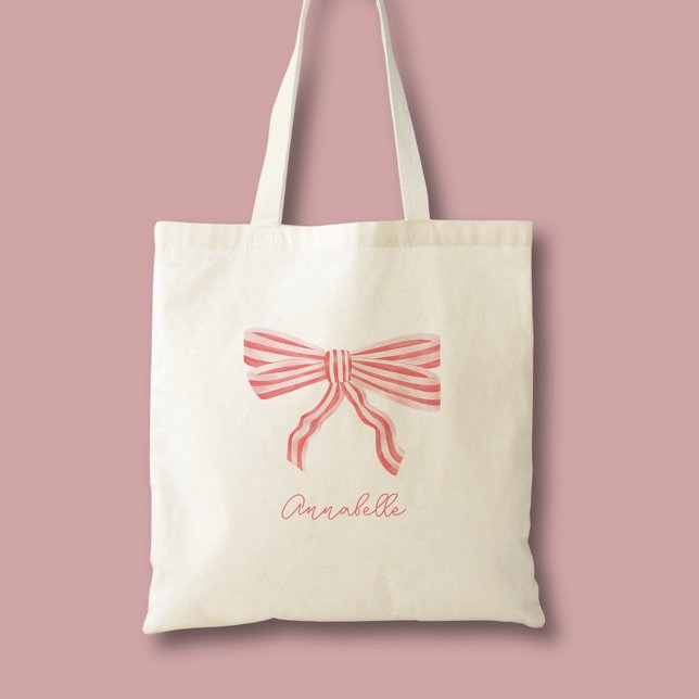 Bolso De Tela Estética Coquette Rosa Claro con Lazo y primer nom (Cute coquette aesthetic pink bow personalized tote bag.)