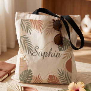 Bolso De Tela Estética Terrosa Foliaje Tropical Nombre Personali