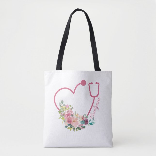 Bolso De Tela Estetioscopio Floral Rosa Cuidado cardíaco (Anverso)