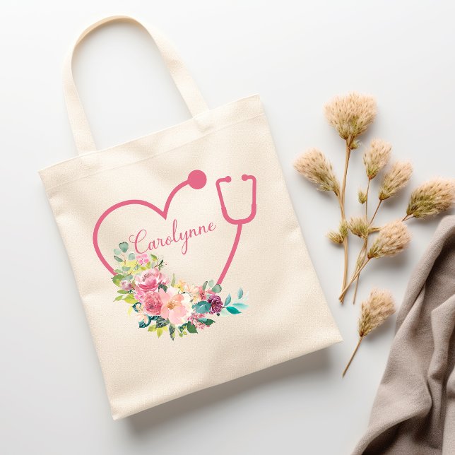 Bolso De Tela Estetioscopio Floral Rosa Médica de Enfermería Méd (Pink Floral Stethoscope Heart Medical Nurse Doctor Tote Bag)