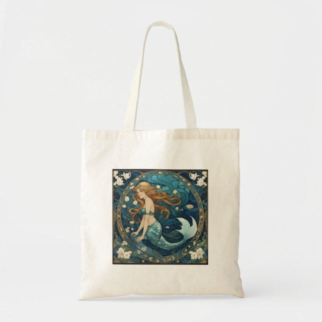 Bolso De Tela Estilo Art Nouveau Art Decó de Sirena Azul (Frente)