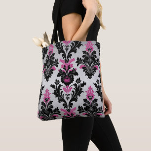 Bolso De Tela Estilo de damasco rosa, negro y plata
