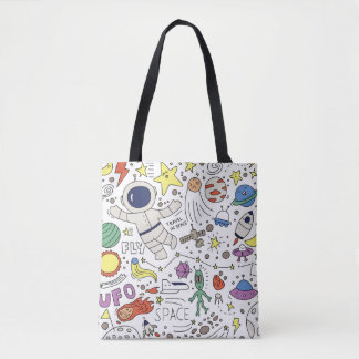 Bolso De Tela Estilo Doodle, ilustracion temático espacial.