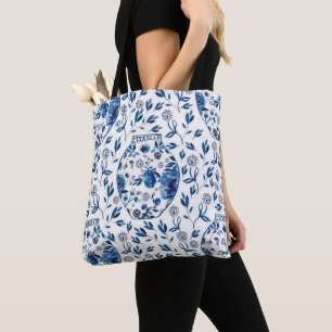 Bolso De Tela Estilo floral Chinoiserie azul pintado a mano
