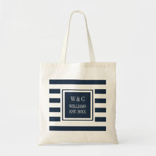 Bolso De Tela Estilo Monograma Azul Marino Blanco Raya