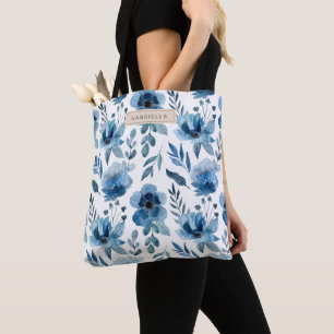 Bolso De Tela Estilo Patrón de Flores Acuarela Azul Marino