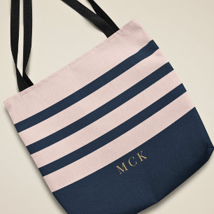 Bolso De Tela Estilo personalizado Monograma Navy & Blush Rayado
