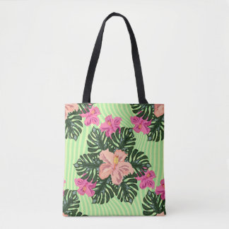 Bolso De Tela Estilo Retro Tropical Hibisco & Floral Monstera