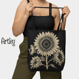 Bolso De Tela Estilo Vintage oscuro Girasol blanco negro Botánic