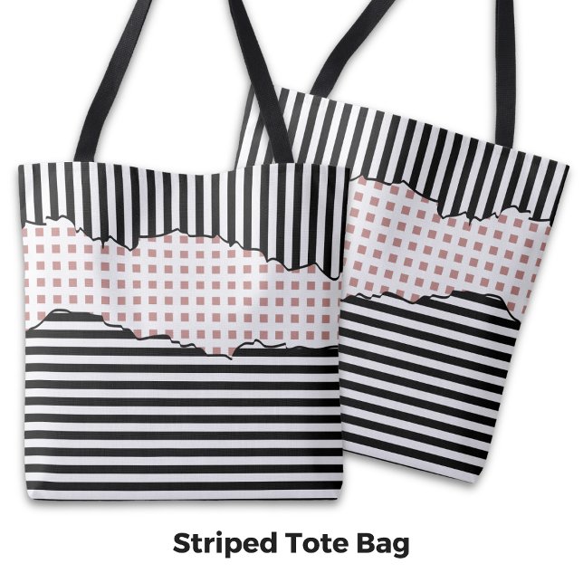 Bolso De Tela Estilosas franjas Red de capas negras, blancas y r (Stylish Stripes Net Layered Black, White & Pink Tote Bag)