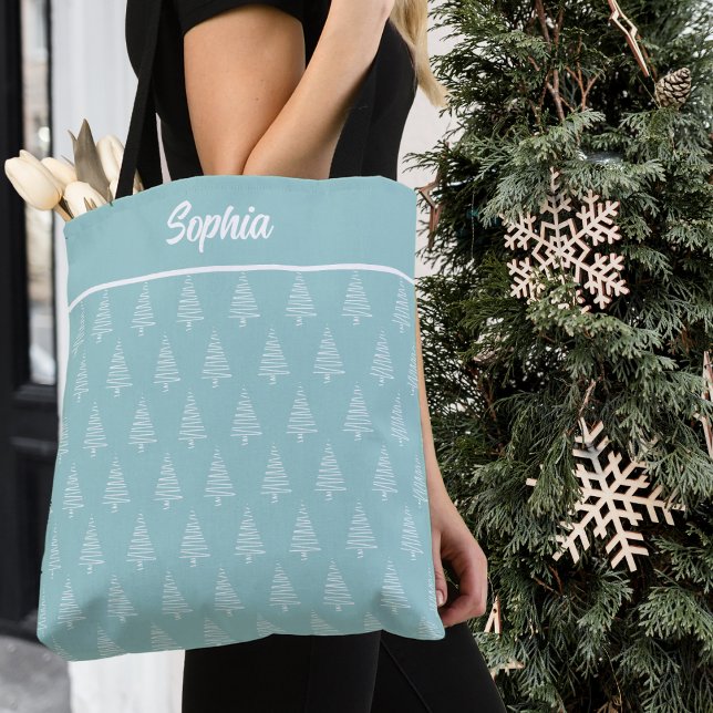 Bolso De Tela Estiloso Patrón De Árbol De Navidad Azul Y Blanco (Stylish Blue And White Christmas Tree Pattern Tote Bag)