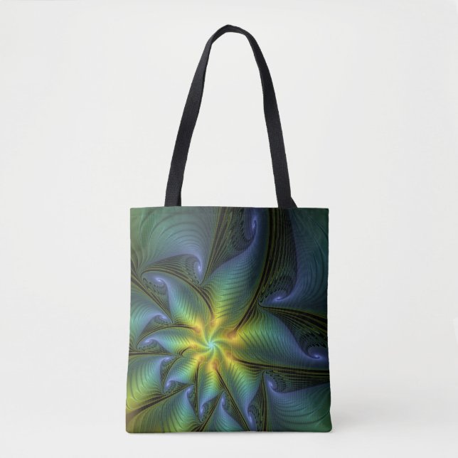 Bolso De Tela Estrella abstracta, brillante arte azul verde dora (Anverso)