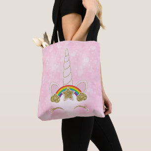 Bolso De Tela Estrella del Arcoiris Oro del Corazón Rosa Unicorn