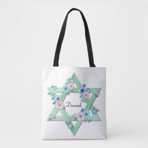 Bolso De Tela Estrella Verde de David con flores pastel Tote Bag