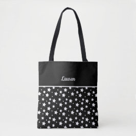 Bolso De Tela Estrellas blancas con nombre negro y personalizado