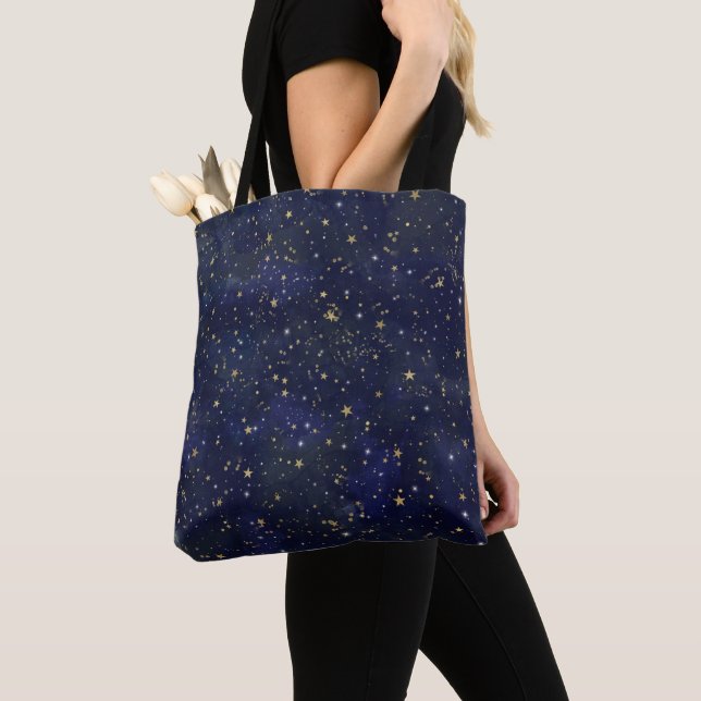 Bolso De Tela Estrellas celestes azules y doradas acuarela singu (Detalle)
