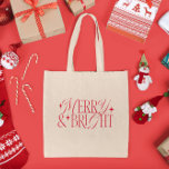 Bolso De Tela Estrellas de Navidades merry y brillantes<br><div class="desc">Clásico y vintage tema de Navidad en el diseño de bolsos de té con texto de tipografía que dice "alegre y brillante" con estrellas.</div>
